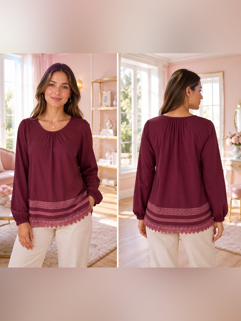 Ariat Bendi Blouse in Burgundy Lace-Trim Peasant Blouse size XXL - EUC